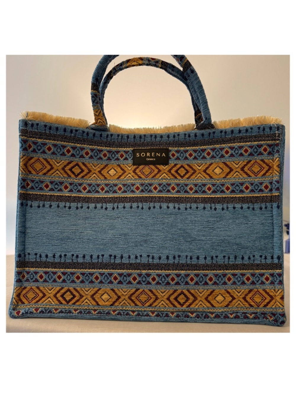 Sorena Greece Large Turquoise Geometric Jacquard Fringe Tote Bag
